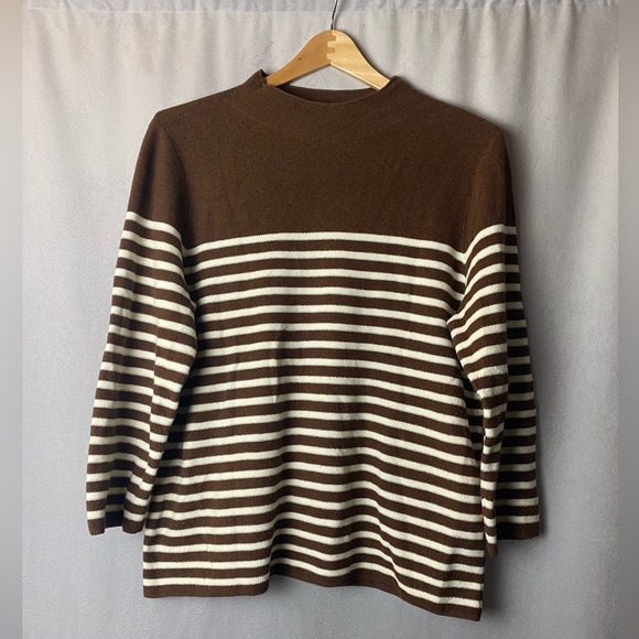 J. McLaughlin Sweaters - J. McLaughlin Chocolate  Ivory Striped Fall Crewneck Sweater Quiet Luxury L